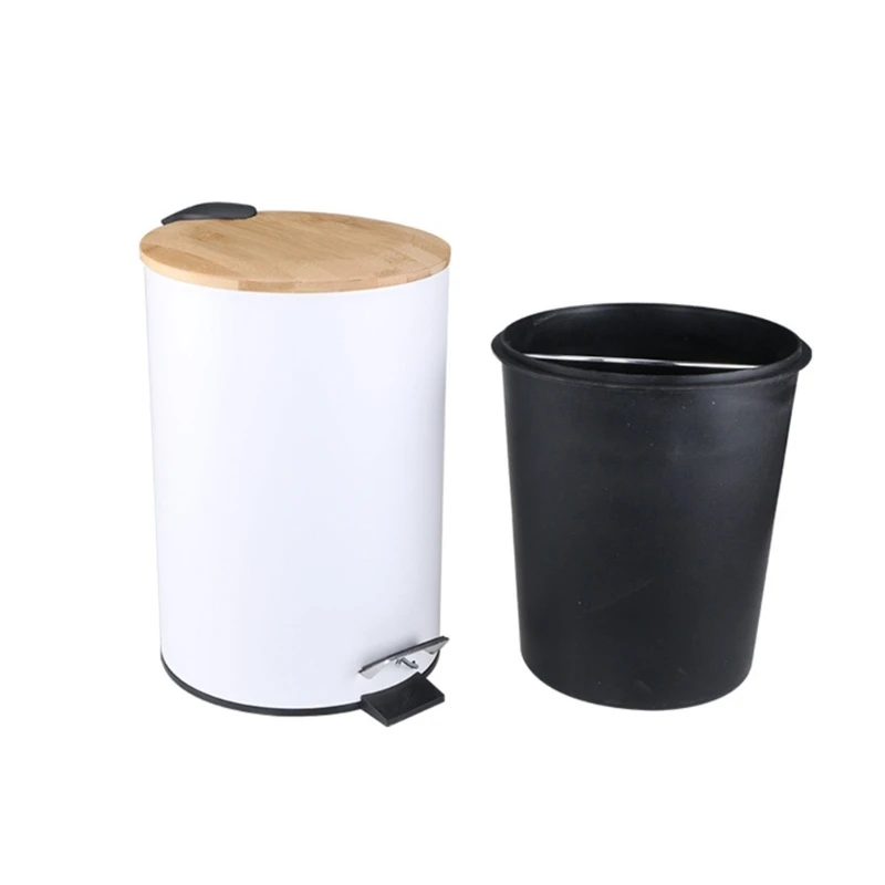 Small Bamboos Cover Metal Softly Close Pedal Bathroom Trash Can for Kitchen Hotel Home Office 7L Trash Can with Lid