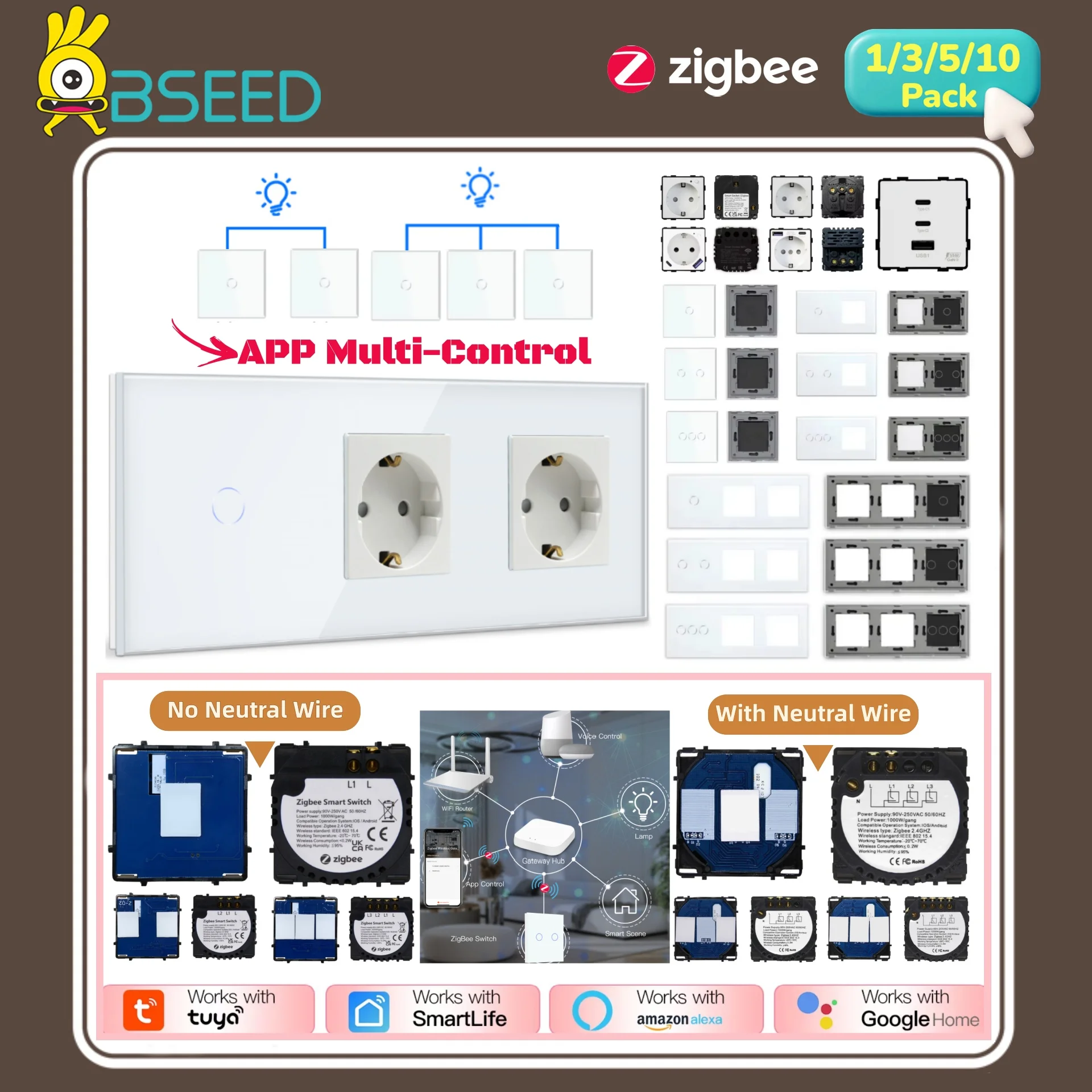 BSEED 1/2/3Gang Zigbee Switch Modules EU Wall Socket Part Smart Stair Light Switch Insert APP Control Free Combination Glass