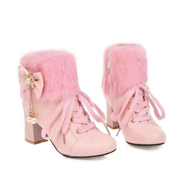 Furry Lolita Fur Mid-Calf Boots with Heart Shaped Bowknot Tie Winter Warm Inner Hidden Height Increased Booties Dropship