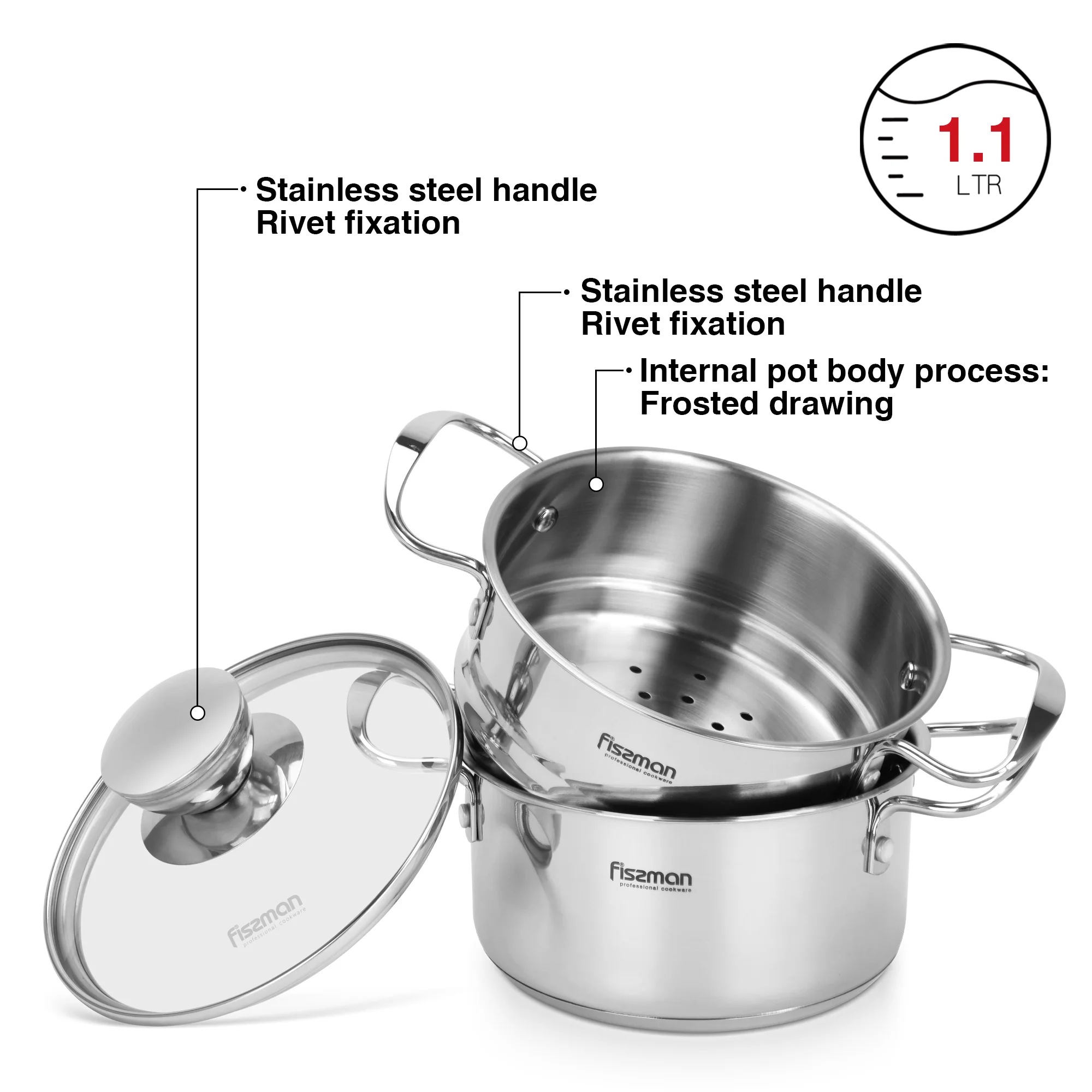 Stainless Steel Double Layer Soup Pot Mini Cook Cooking Pot 14cm Ltr With Steamer Insert 1.1l With Glass Lid Stockpot