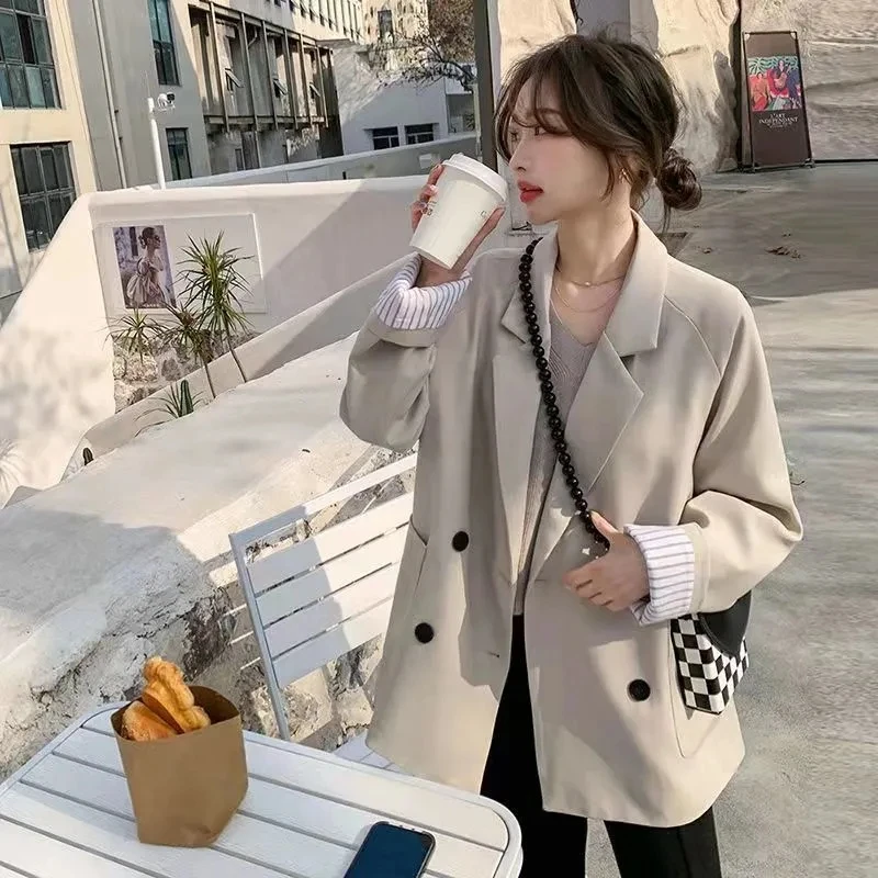 Spring And Autumn Annals New Women Leisure Solid Color Mid Length Version Blazer Coat Female Double Breasted Buckle Suit Jacket