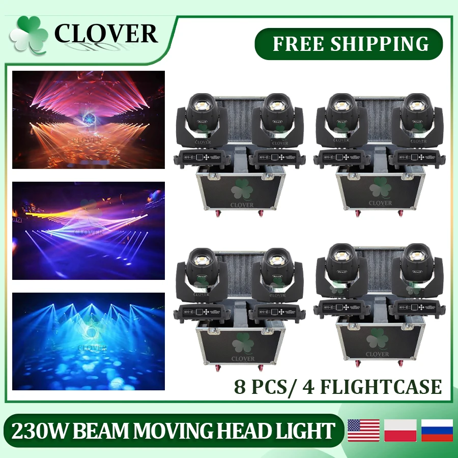 Sharpy Moving Head Beam Light, Wash Spot, Stage Effect Light, 4 casos, DJ, Disco, DMX 17, Gobos, 14 cores, 7R, 230W, 8pcs