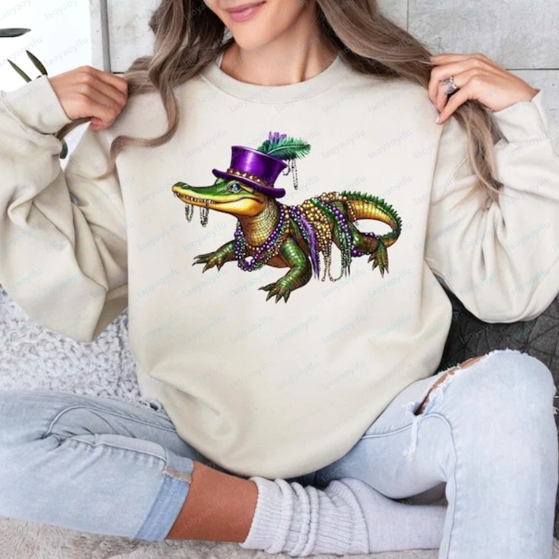 Mardi Gras 2026 Alligator Sweatshirt Mardi Gras Sweatshirt Mardi Gras Festival Celebration Shirt Winter Clothes Women Goth Tops