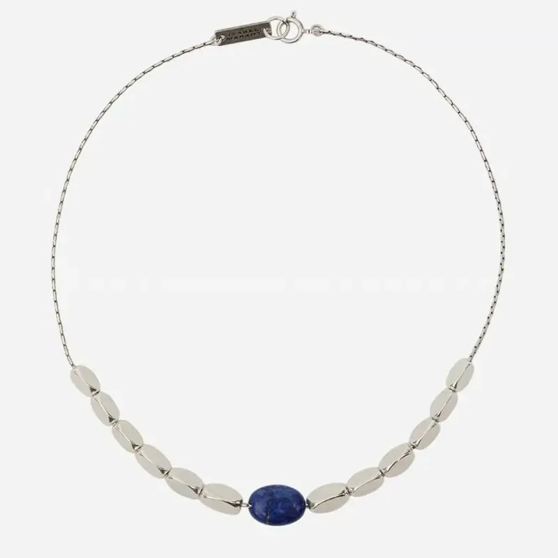 Early spring new design silver beaded collarbone chain commuting versatile dark blue oval lapis lazuli necklace women