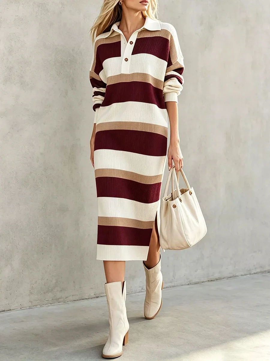 Sweater Dress Relaxed Straight Silhouette Ribbed Knit Texture Polo Collar Button Placket Side Slit Long Sleeve Easy Layering