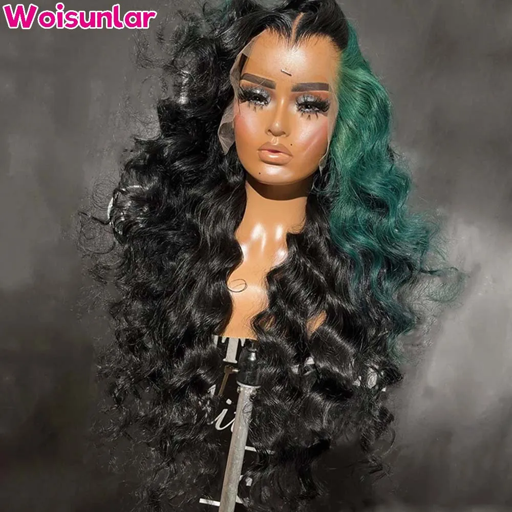 13x4 Transparent Lace Front Wig Highlight Green Loose Deep Wave Wig 100% Human Hair Pre Plucked Lace Frontal Wig for Black Women