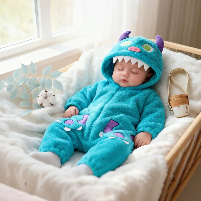 Newborn Infant Baby Blue Monster Hooded Romper Plush Fleece Jumpsuit With Purple Horns Teeth Zipper Warm Winter Costume  0 24M