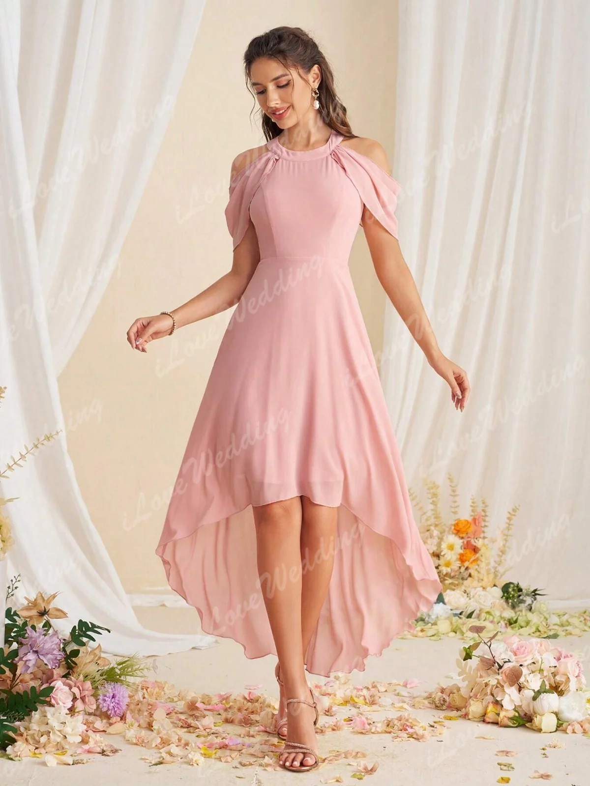 O-Neck Ruffle Chiffon A-Line Bridesmaid Dress High Low Length Cocktail Dress Saudi Arabia Evening Party Gowns Zipper Customized