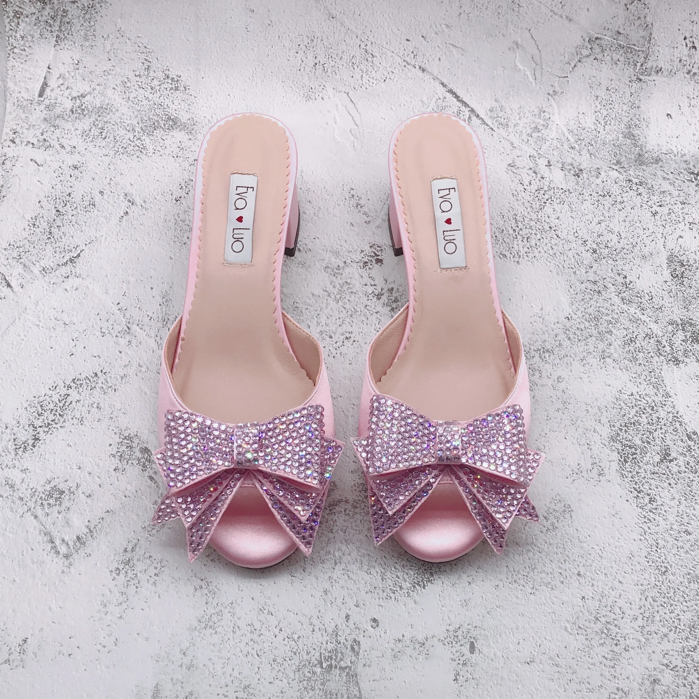 BS1679 Custom Handmade Dress  Slipper Bridal Wedding Shoes Low Block Heel  Pink Rhinestones Crystal Shoes And Bag Set