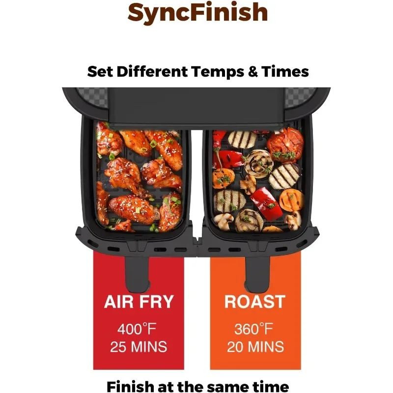 Air Fryer with 2 Baskets 8 QT, JOYAMI Dual Basket AirFryer with Sync-Finish Function, Nonstick and Dishwasher Safe