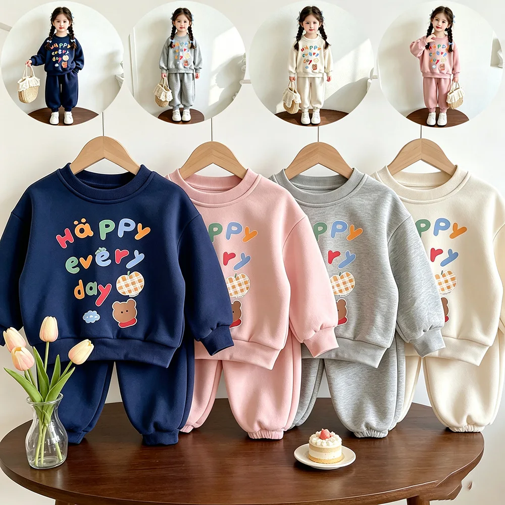 Autumn Costume Long-sleeved Outfits Kids Round Neck Sweatshirts Solid Color Pants 2pcs Toddler New Printed Hoodie Trousers