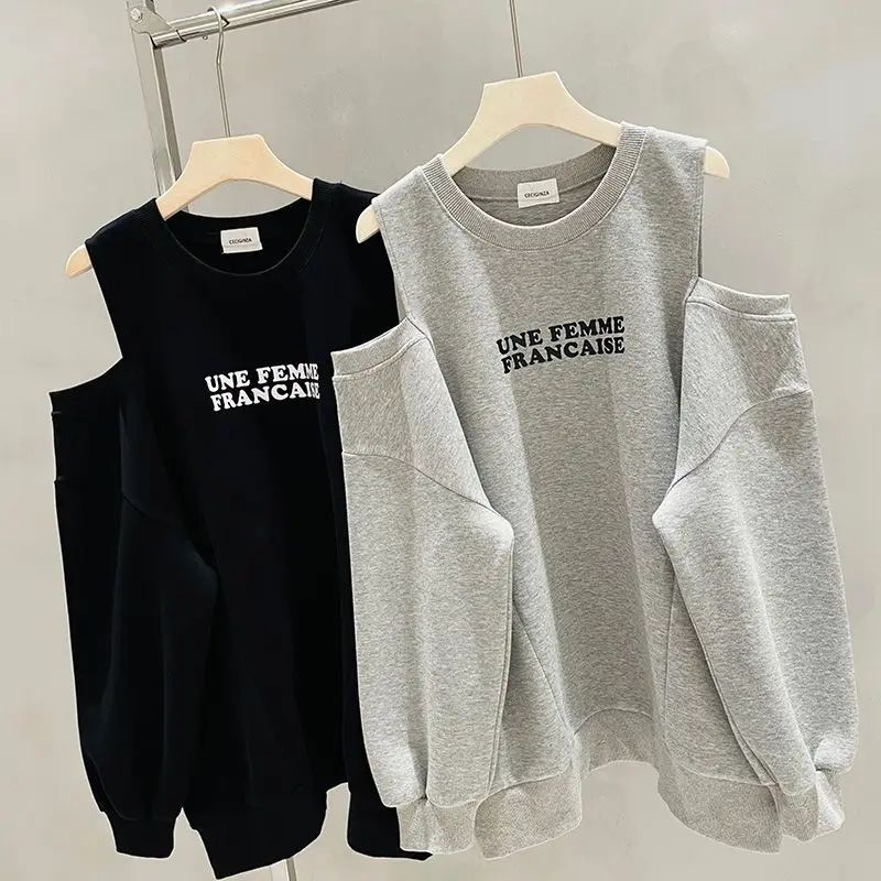 Spring Autumn New Off Shoulder Loose Hoodies Letter Print Plus Size Hollow Out Casual T Shirt Tops Fashion Korean Women Clothing