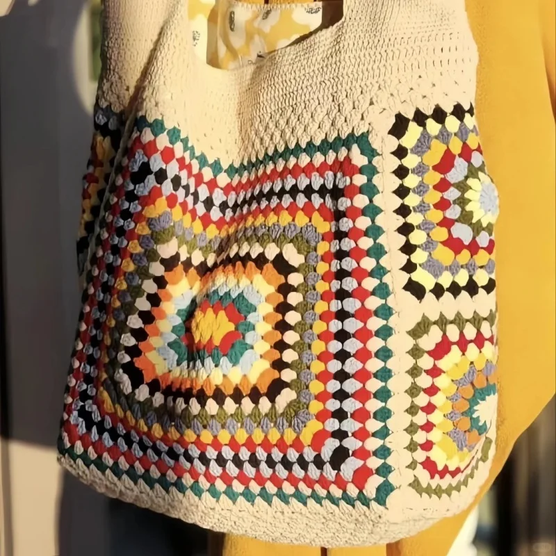 Colorful Checked Granny Square Big Shoulder Bag Boho Hippie Handbags For Women High-Capacity Cute Purse For Summer Beach