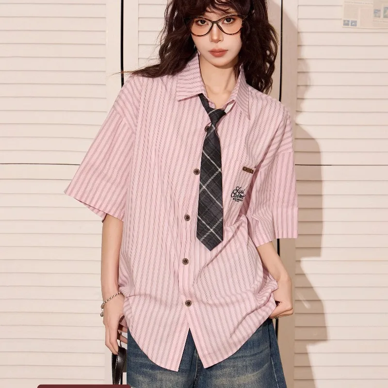 

Deeptown Vintage Oversized Striped Blouses Women Preppy Style Pink Shirts with Tie Casual Blue American Retro short sleeve shirt