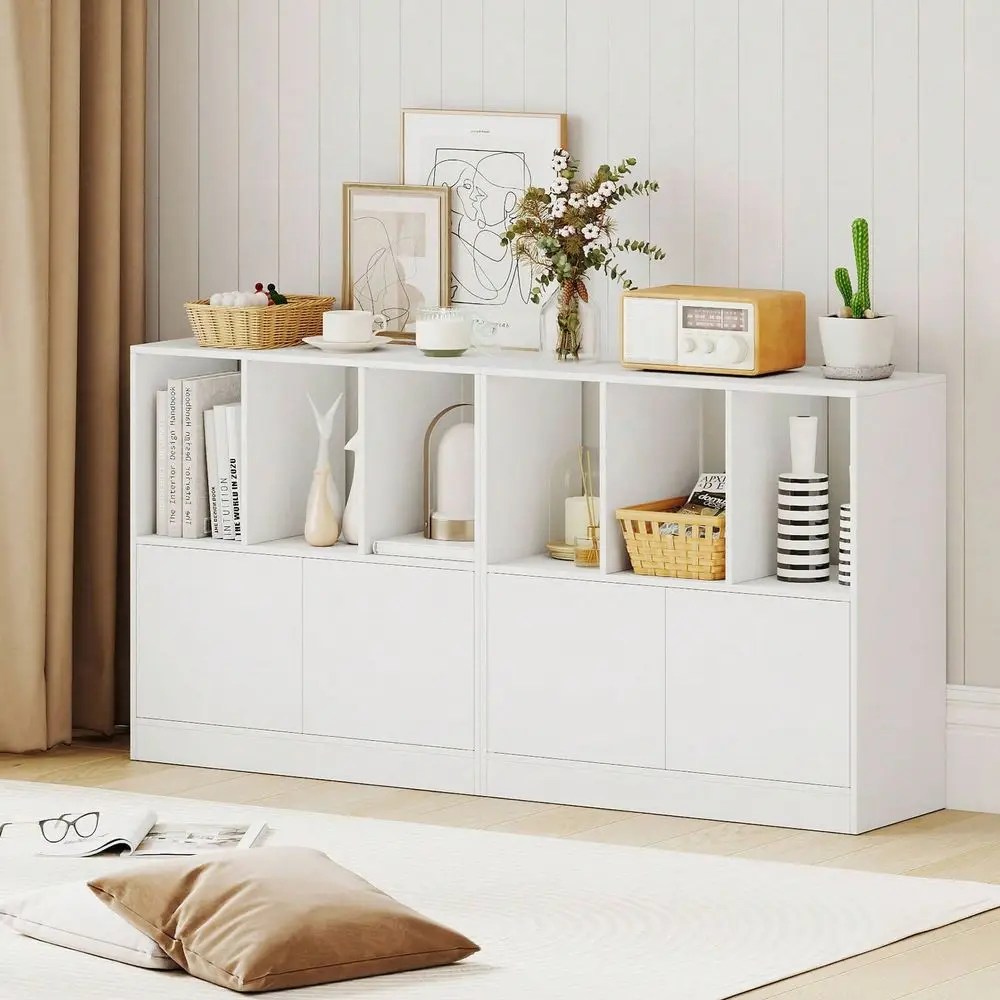 

1 2 PCS Cube Bookcase With Doors, Open Compartments Cabinet, Modern Display Shelf White Black