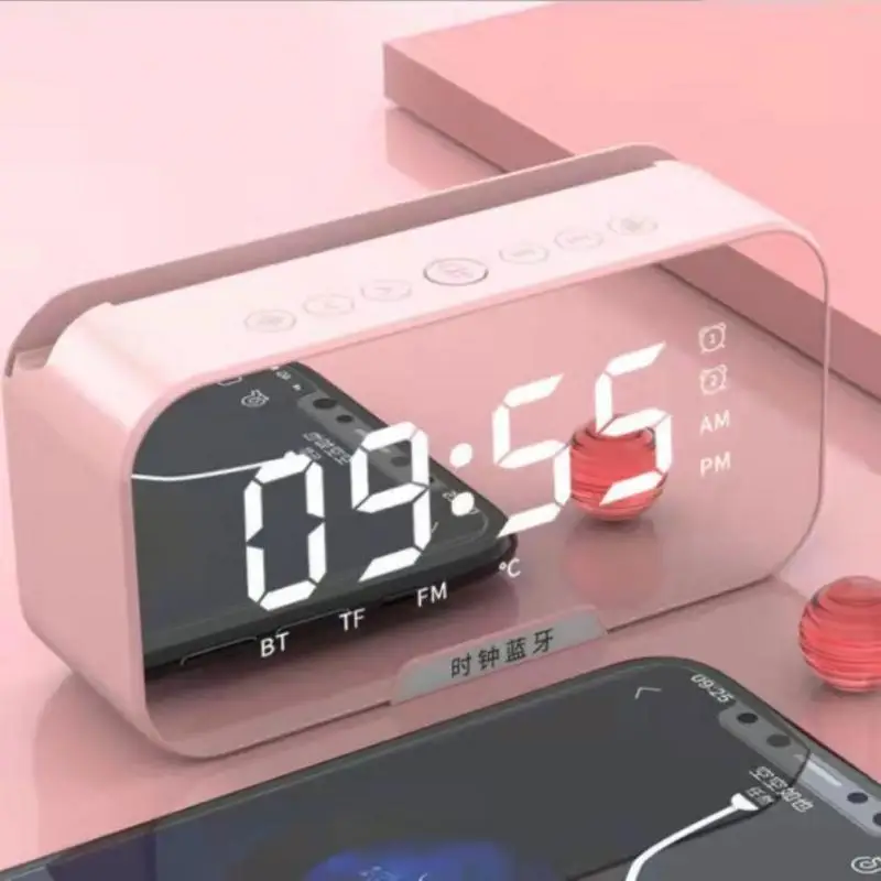 2023 New Wireless Bluetooth Speaker With FM Radio Mini Portable Card Mirror Alarm Sound Dual Alarm Clock Settings For All Phone