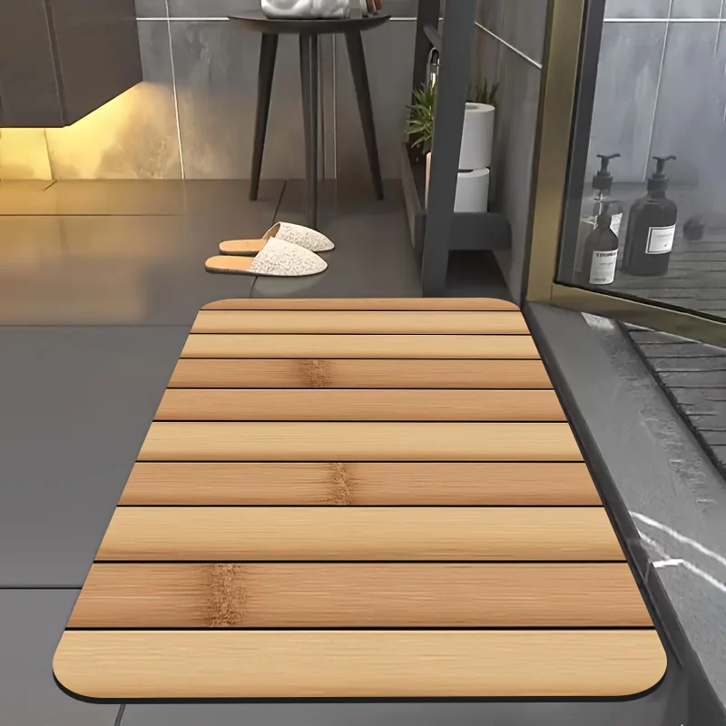 Natural Bamboo Wood Pattern Long Diatomaceous Earth Mat Non-Slip Water Absorbent Quick-Dry for Bathroom Shower Kitchen Floor Rug