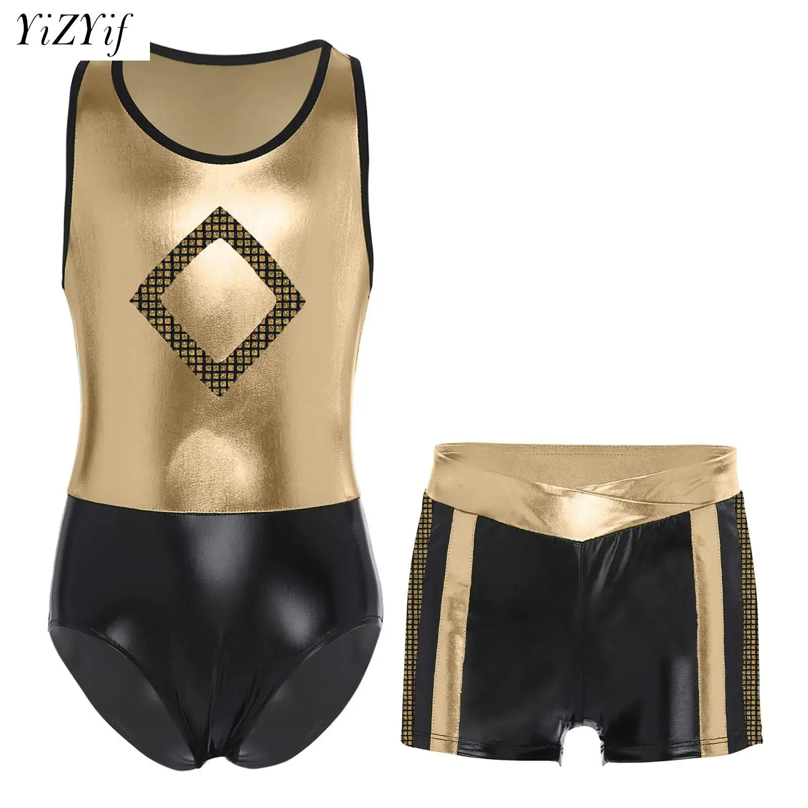 

Figure Ice Skating Bodysuit for Kids Girls Sleeveless Metallic Leotard and Shorts for Ballet Jazz Dance Sports Gymnastics Yoga