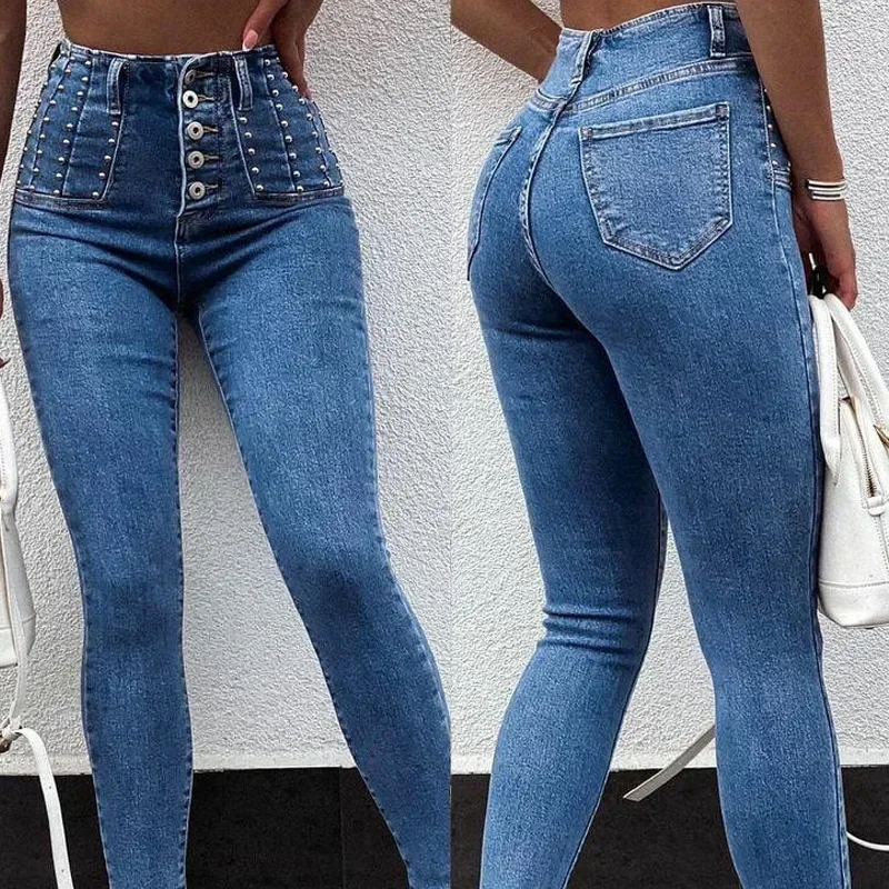 

Женские брюки до щиколотки с высокой талией, джинсовая одежда, узкие джинсы на пуговицах с бисером, тонкие узкие джинсы