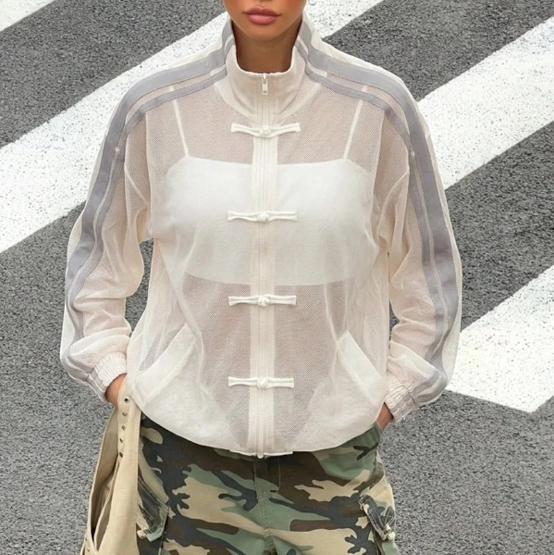Damen-Mesh-Sweatshirt-Jacke mit Reißverschluss, Stehkragen, Kontraststreifen, Langen Ärmeln, Froschknöpfen, Lockerer Passform, Y2K-Streetwear – Detail 4