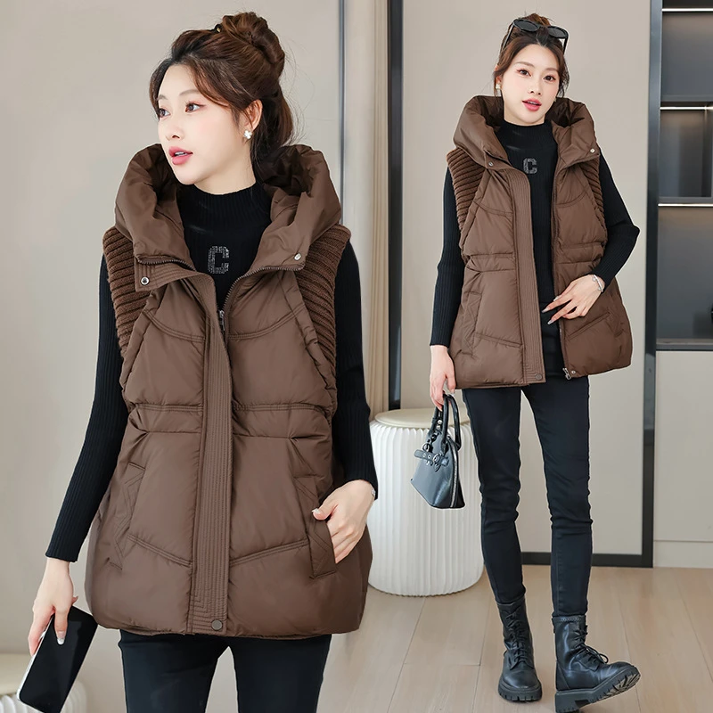 A-word Vest Down Cotton Padded Jackets Short Waistcoat Mid-Length Slim Hooded Autumn Winter Jackets Solid Women's Coats Trend