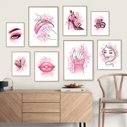 Fashion Nails Woman Makeup Red Lips Spa Wall Art Print Canvas Painting Pink Nordic Poster Girl Gift Pictures Beauty Salon Decor