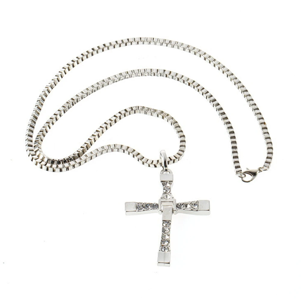 Fast and Furious 8 Dominic Toretto Cross Necklace Jewelry Classic Rhinestone Charms Cross Alloy Necklaces Men Pendant Gift