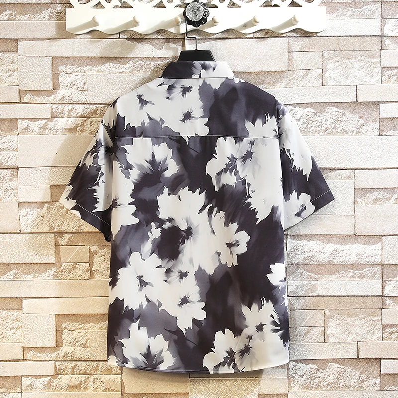 Men's Loose Ice Silk Flower Shirt Short Sleeve Casual Printed Blouse for Women Oversized Beach Holiday Vacation Top
