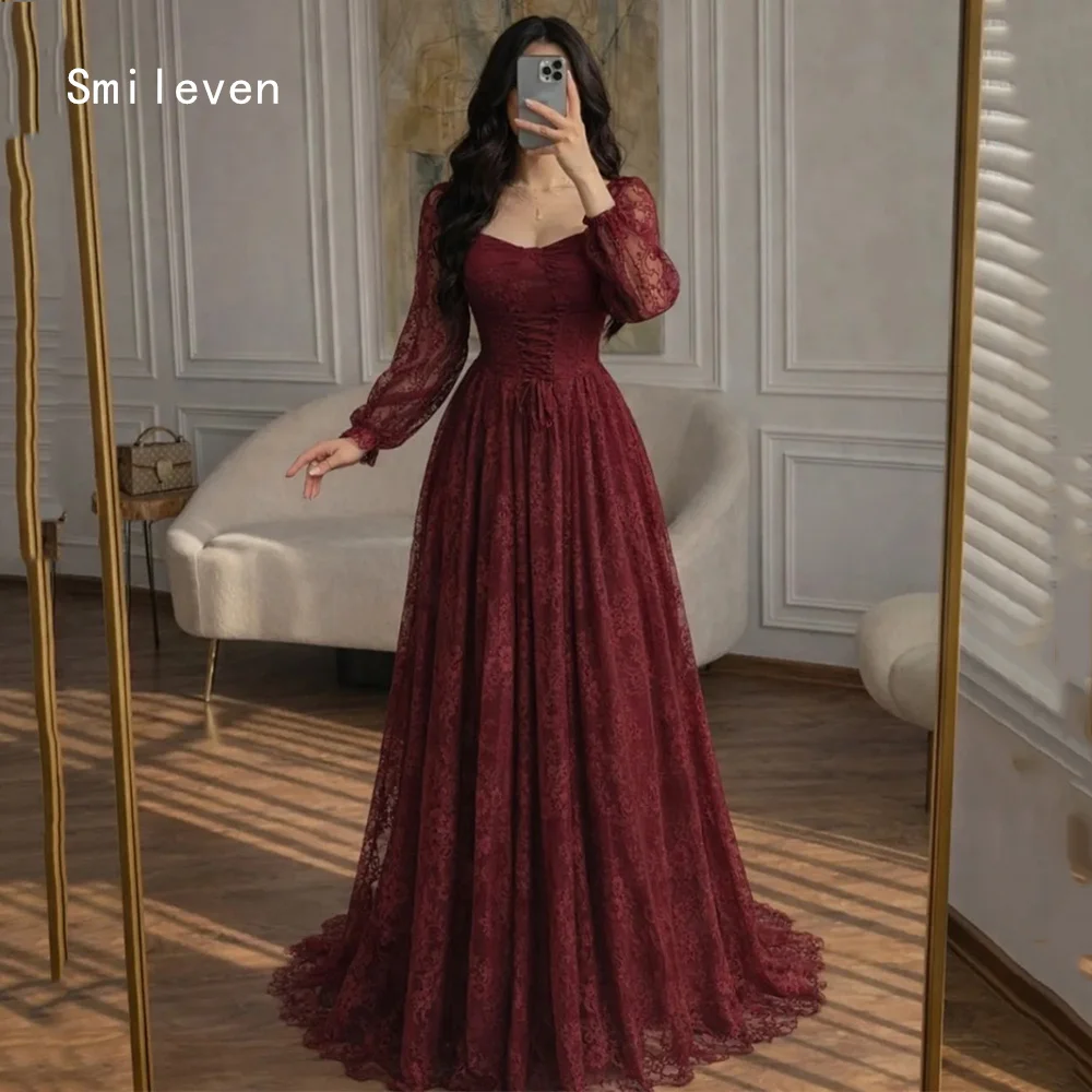 

Smileven Luxury A Line Prom Dress Illusion Sexy Full Sleeve Evening Gowns Retro Appliques Lace Occasion Dress Customized 2026