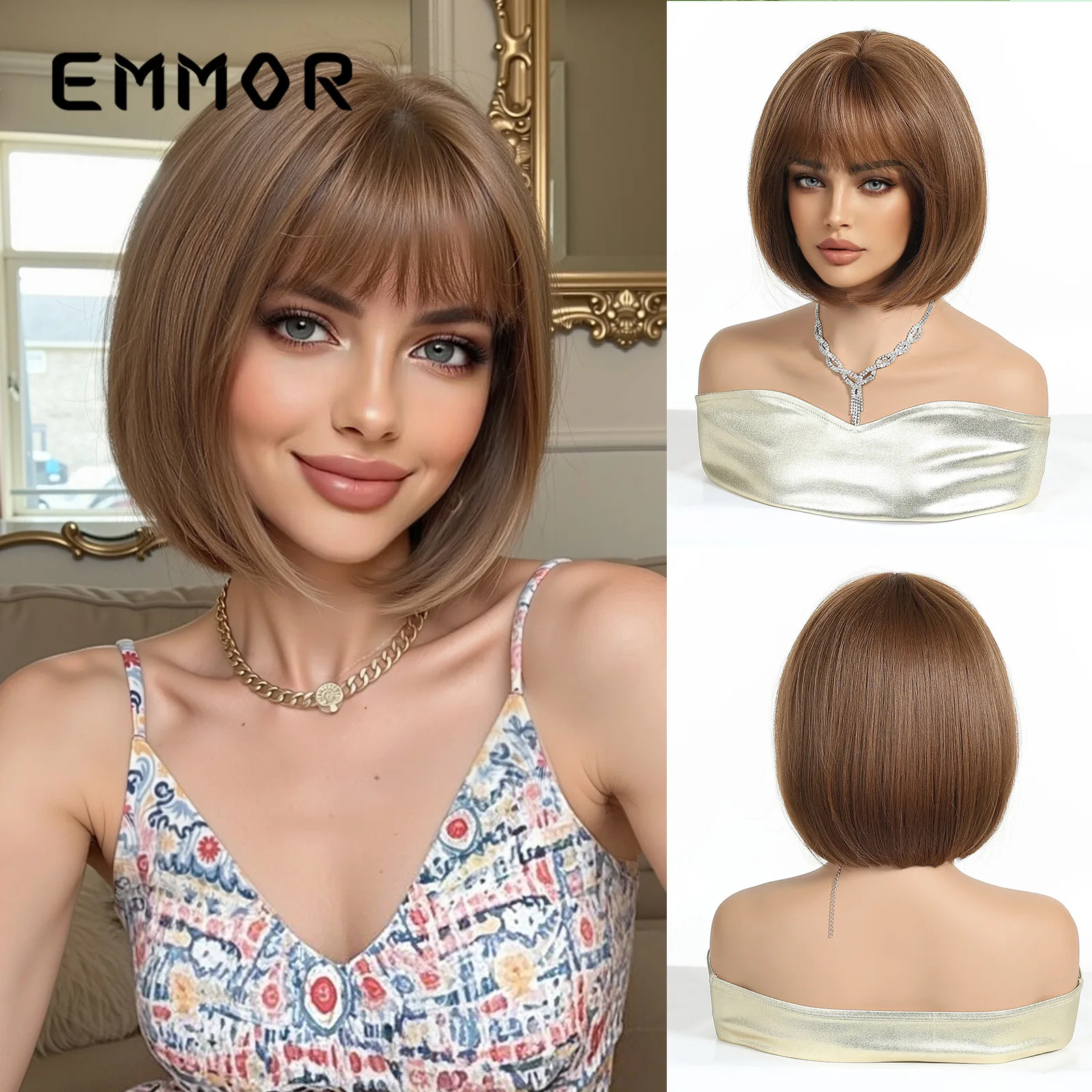 

European American Style Women Full Head Wig Straight Bangs Short Bob Ombre Gray White Fashion Wig