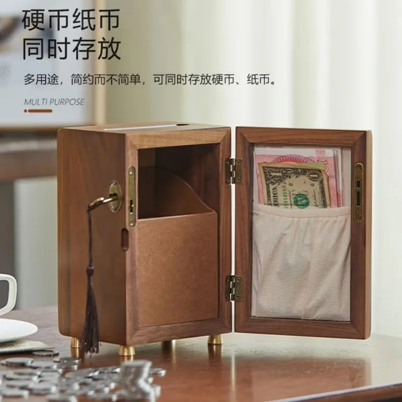 Piggy Bank Black Walnut Solid Wood Adult Piggy Bank Coins Banknotes Desirable