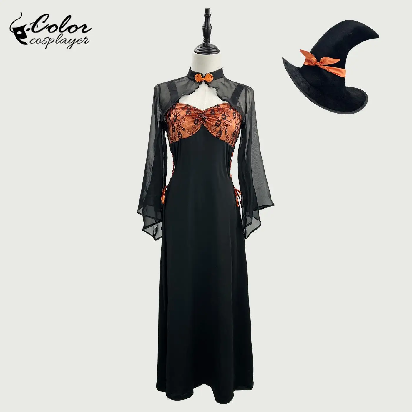 

Color Cosplayer Witch Gown with Hat Halloween Cosplay Costume Day of The Dead Outfit Gothic Women Dress Carnival Dresses