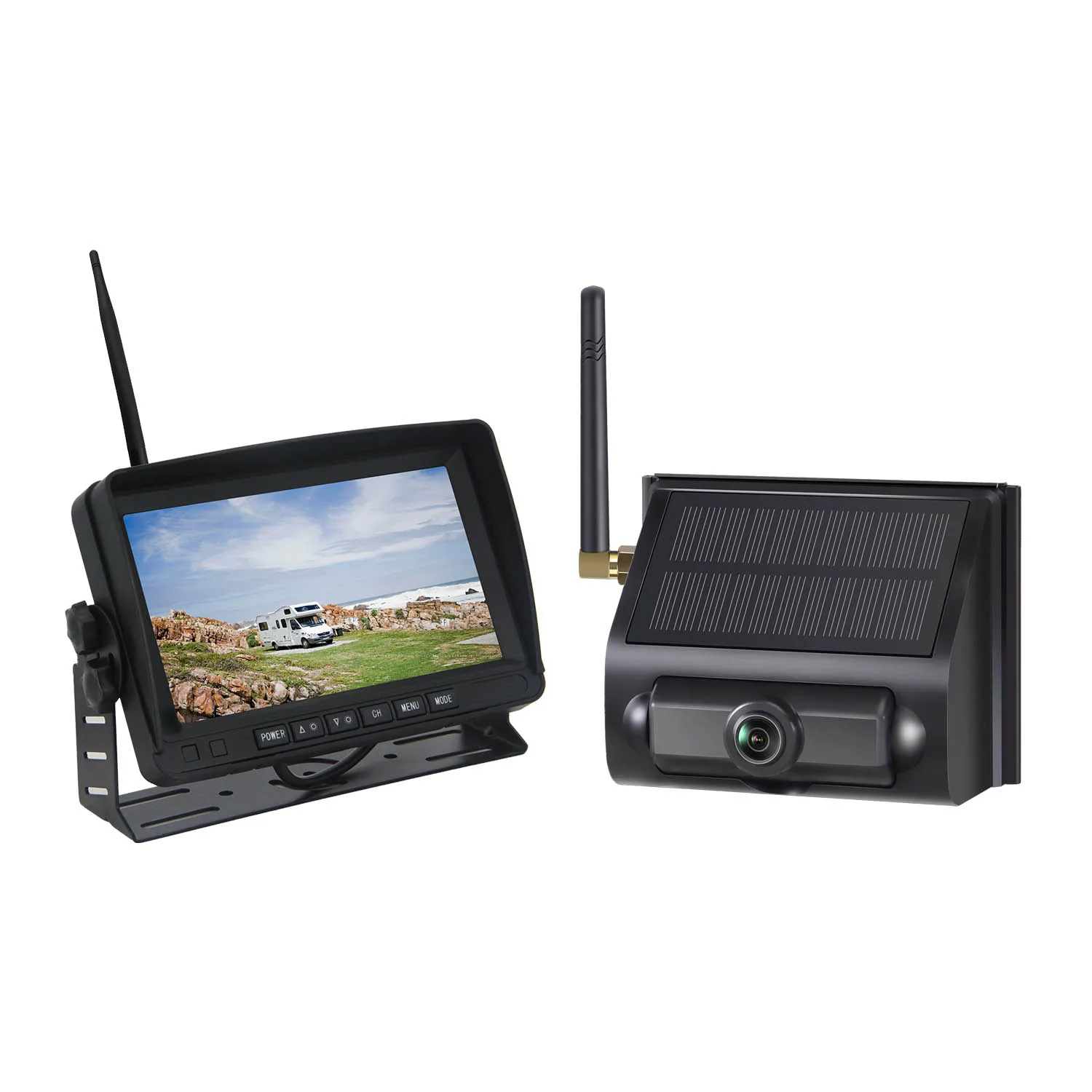 7 Inch Solar Wireless Backup Camera System Solar Powered Reverse Camera Long Range Digital Signal Night Vision Camera