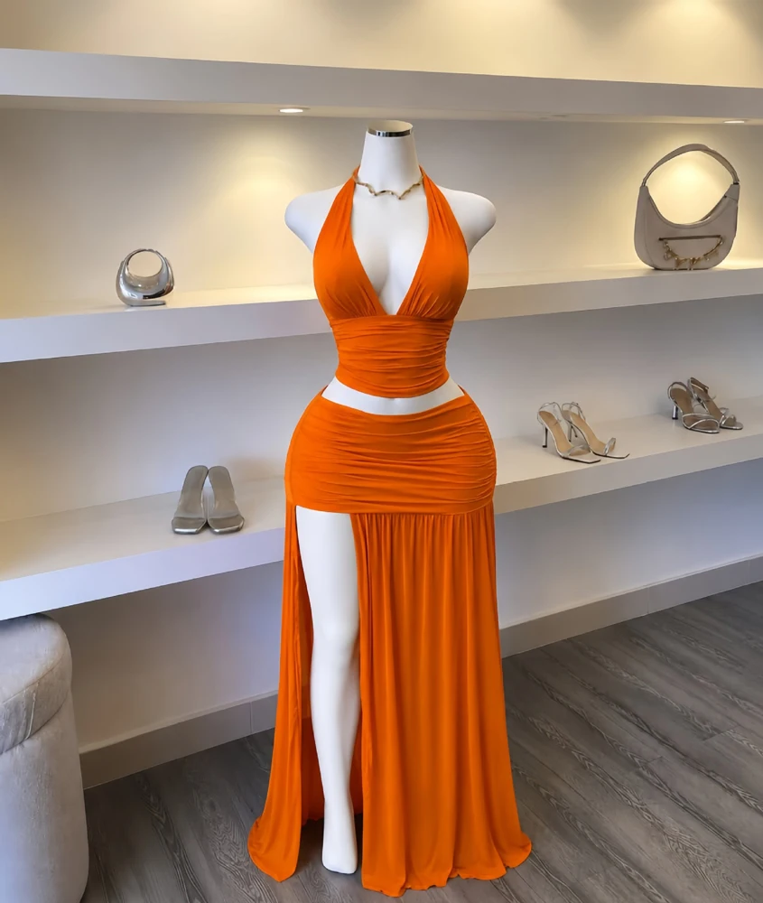JENYAGE Damen-Set mit tiefem V-Ausschnitt und Neckholder, zweiteilig, geraffter, dehnbarer, figurbetonter Maxirock mit hohem Schlitz, sexy Club-Party-Abendkleid – Detail 8