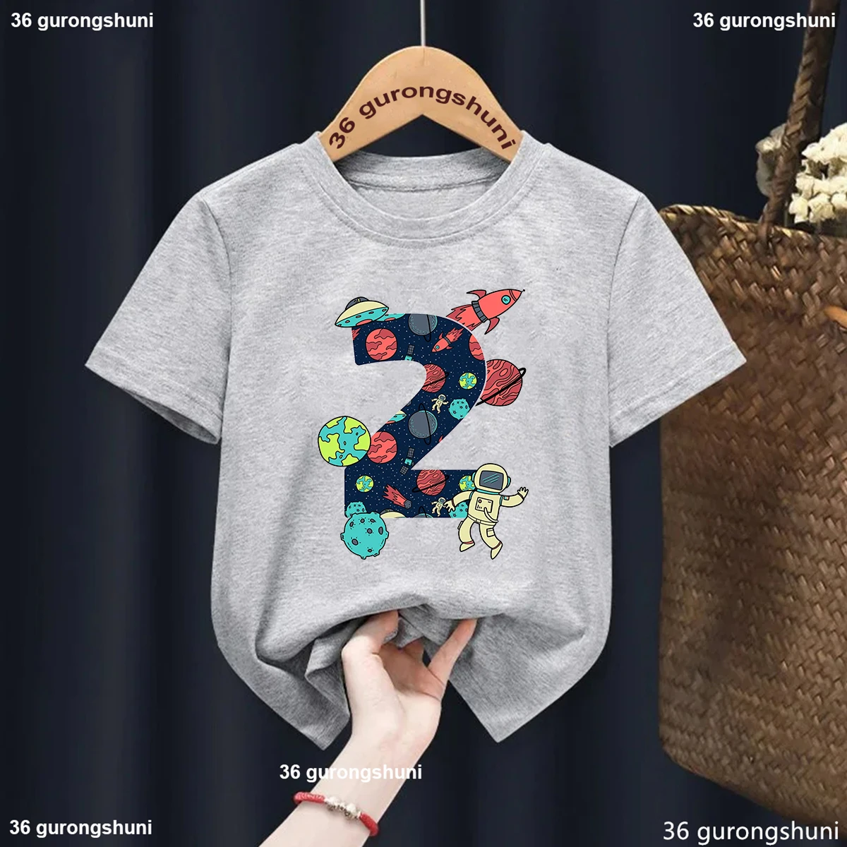 2th Birthday Outer Space Astronauts Printed T Shirt For Girls/Boys Kawaii Kids Clothes Summer Fashion Gray/Bule/Yellow T-Shirt