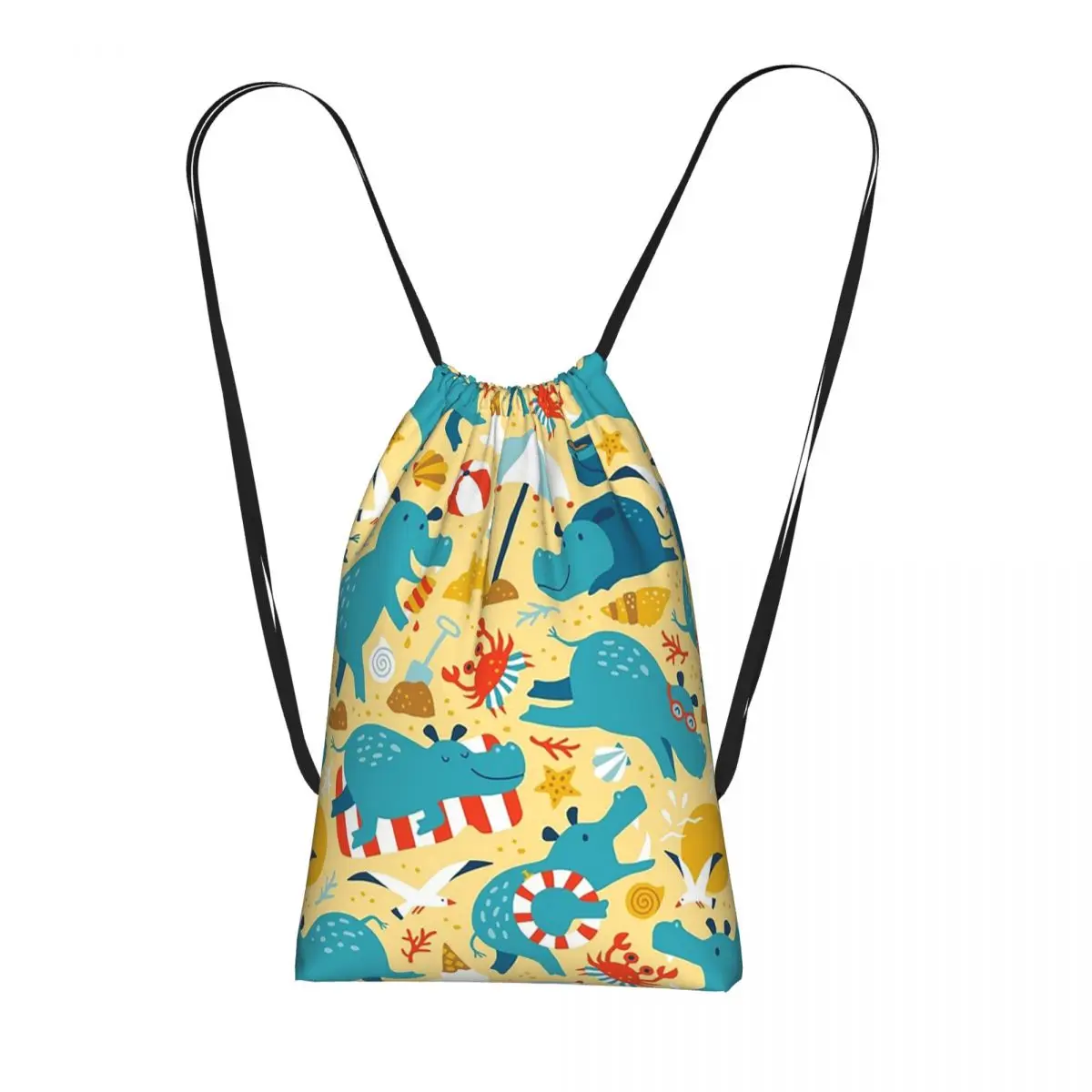 

Cartoon Hippo In Blue Background Pattern Backpacks Portable Drawstring Bundle Pocket Storage Bag Book Bags for Travel School