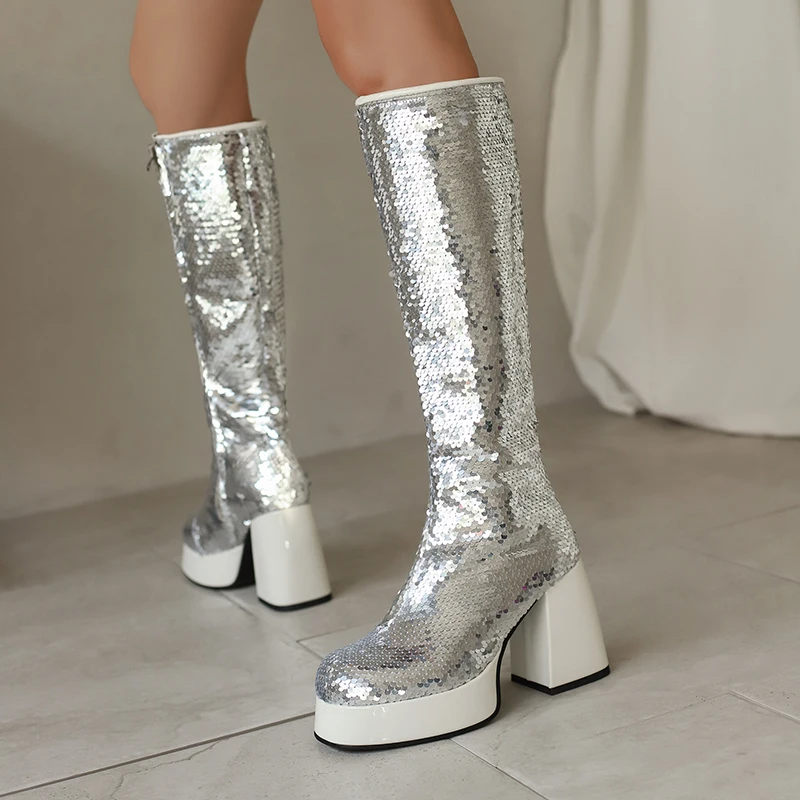 2025 Foreign Trade Plus Size Fashion Sequin Bling Bling Women's Knee High Boots Platform Side Zipper High Heels Motorcycle Boots