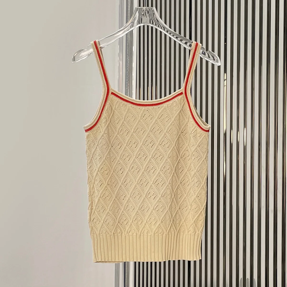 High Quality Women Contrast Color Trim Square Neck Knit Cami Top Hollow‑Out Sleeveless Spaghetti Strap Tank Top lyt132578