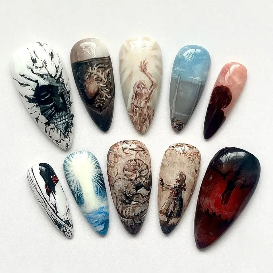 

24 шт., элементы ужасов на Хэллоуин, миндальные накладные зажимы для ногтей, темные высококачественные нишевые носимые ногти, накладные ногти, роскошный маникюр