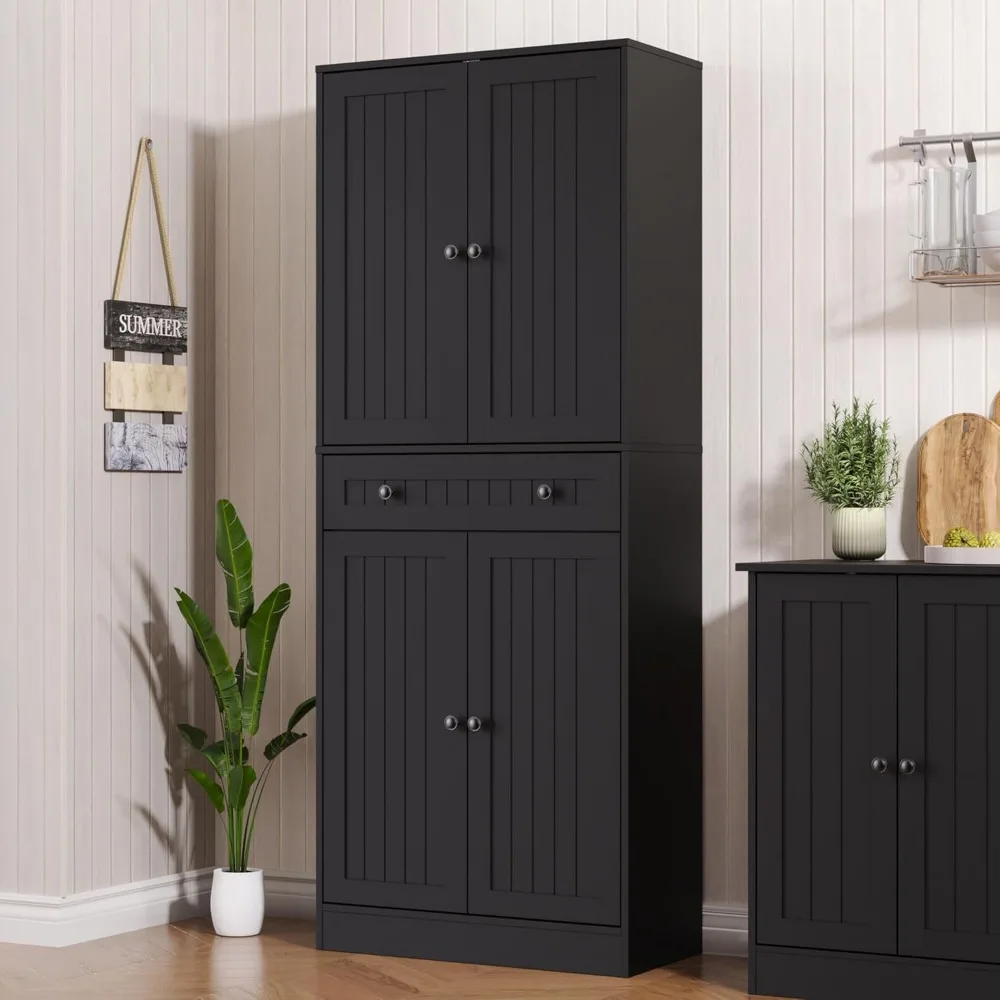 

Kitchen Pantry Storage Cabinet, 71 H Farmhouse Pantry Cabinet with 4 Doors & Drawer, Freestanding Cupboard with Adjustable Shelv