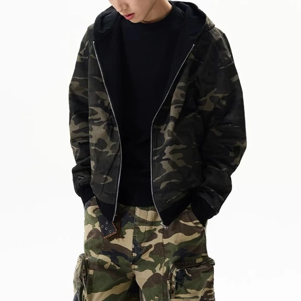 Autumn And Winter American Street Retro Fashion Double-Sided Camouflage Hooded Sweatshirt Unisex Short Cardigan Jacket Tops Men