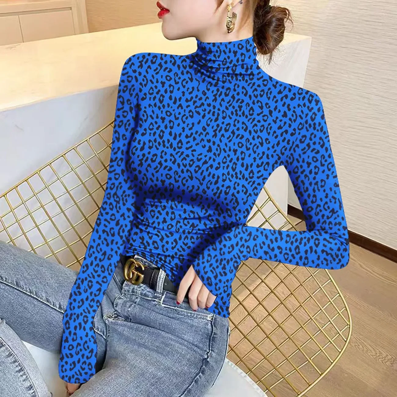 Female Casual Korean Printing Half Height Collar Long Sleeve T-Shirts Spring Autumn Trend Sexy Leopard Slim Top Tee Women's Tops