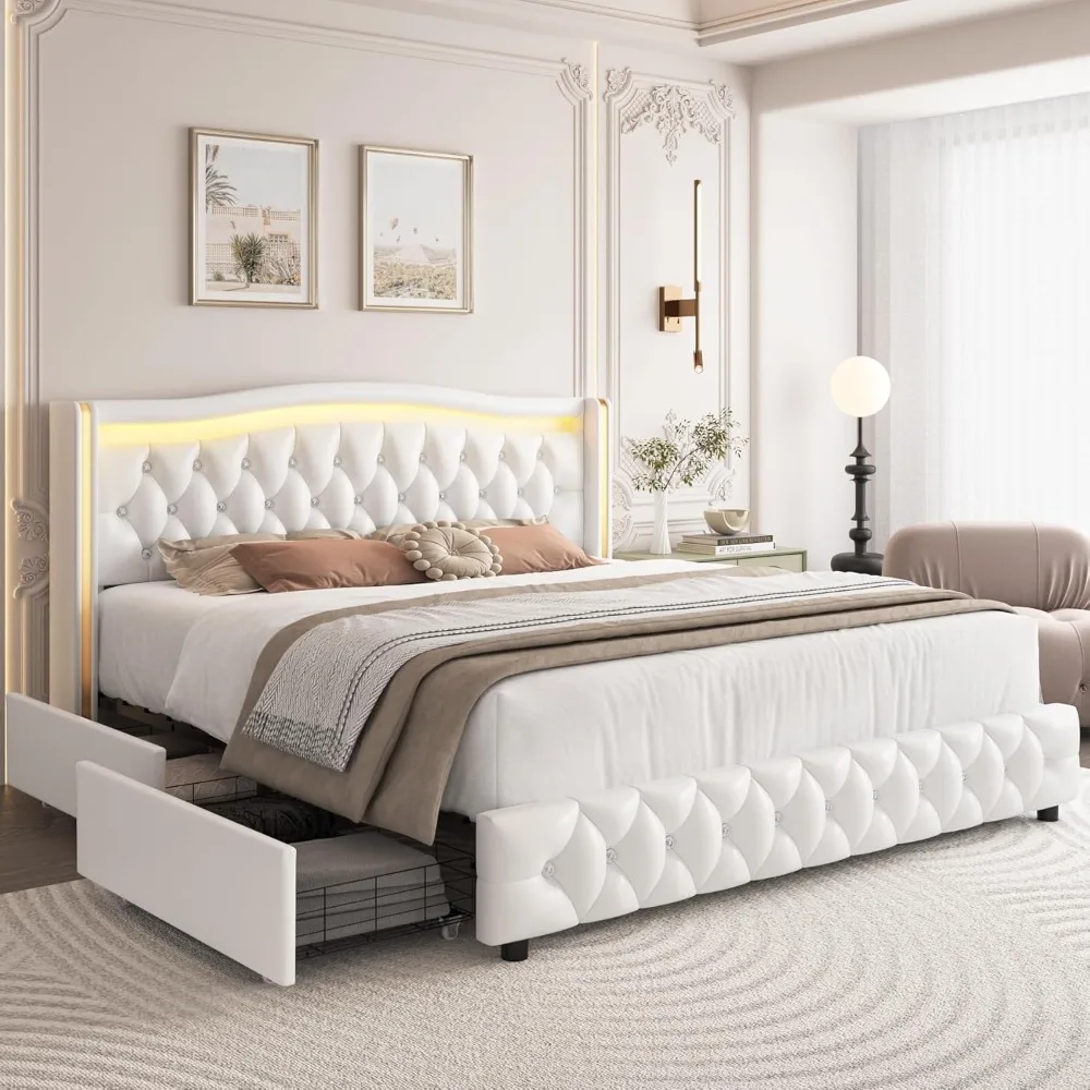 

Beds, Full Smart LED Platform Bed Frame with 4 Storage Drawers, Crystal Button-Tufted & Stainless Gold Trim Wingback Headboard