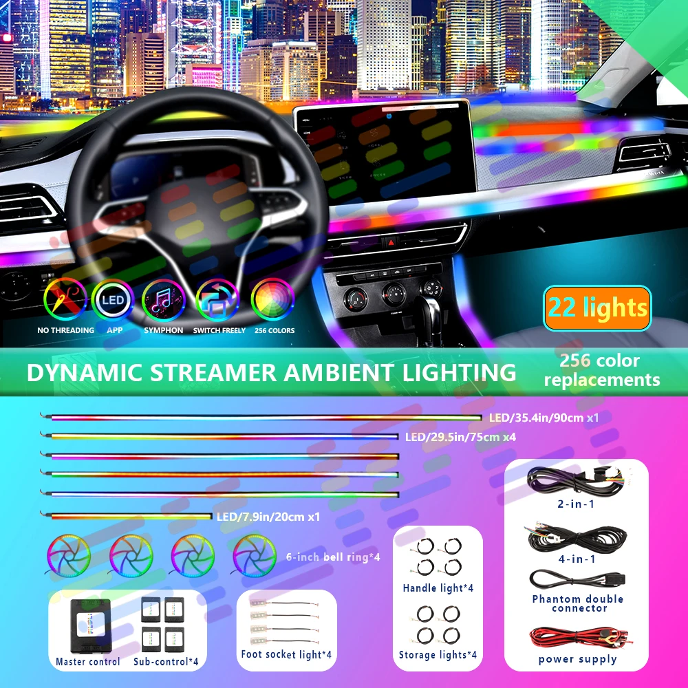 22 in 1 Dual Zone Symphony LED Car Ambient Lights RGB 64 Colors Interior Rainbow Acrylic Strip Neon Atmosphere Lighting Kit App