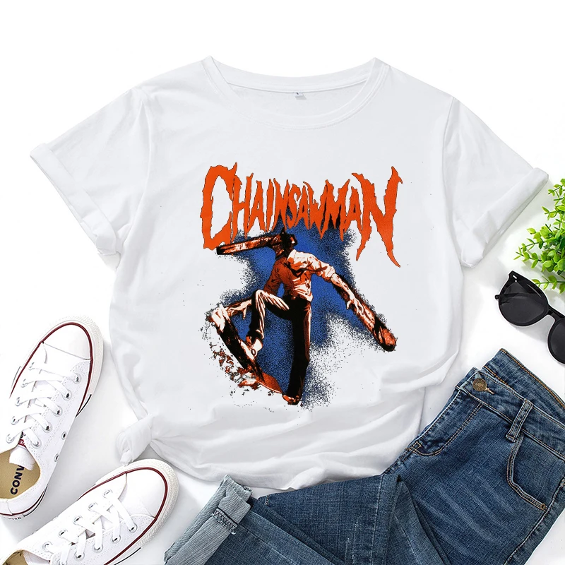 

Футболка с коротким рукавом для взрослых с бензопилой, хлопковые топы с круглым вырезом и принтом персонажей аниме, мужская модная уличная одежда, повседневная одежда, подарки