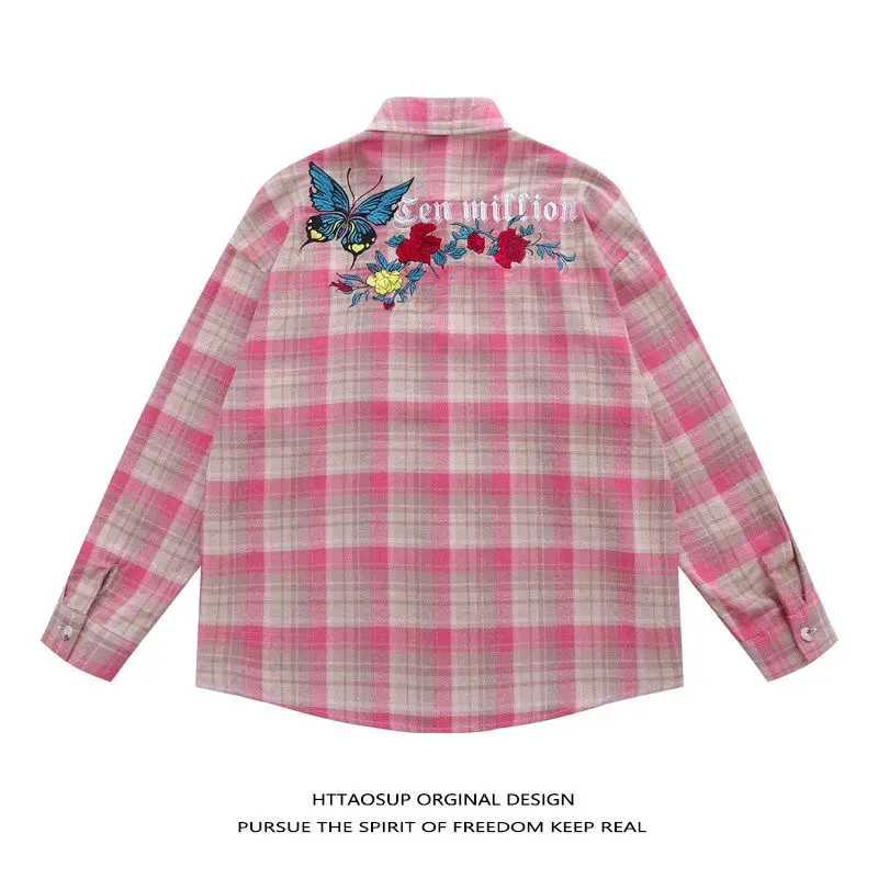 American Hip Hop Long Sleeve Shirt Loose Retro Plaid Unisex Jacket Embroidered Vine Trendy Brand Youth Popular Polyester Fiber
