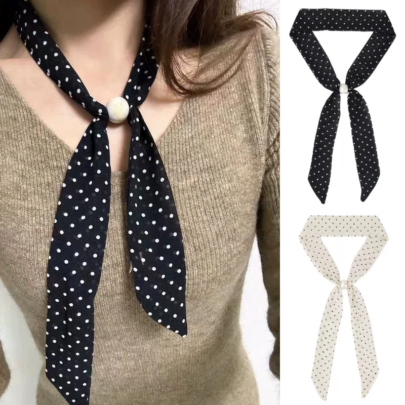 Korean White Polka Dot Pearl Scarf for Women Versatile and Pull-out Neck Strap with Accessory Ribbon 2026 New Neck Accessory