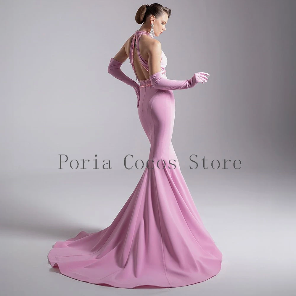 Sukienka wieczorowa w stylu syreny, różowa, bez rękawów, z dekoltem typu O, do ziemi, zdobiona koralikami, z trenem, idealna na wesele lub przyjęcie.