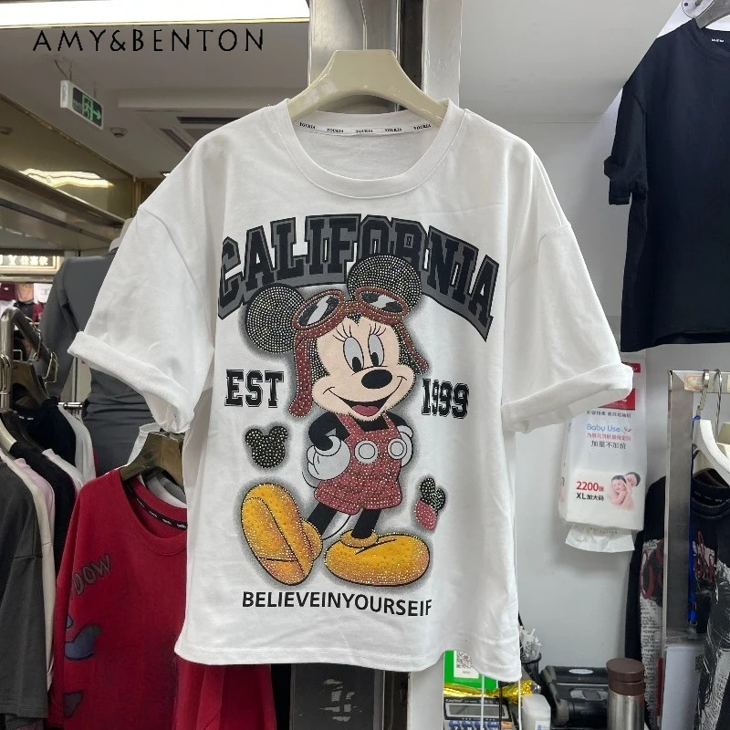 

2025 Autumn New Cartoon Rhinestone Cartoon Y2k Top Tees Loose Casual Versatile Slimming Short Sleeves T-shirt Pullover Ladies