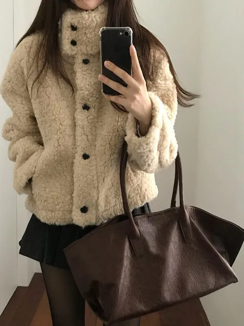 

Lamb Fur Collar Thickened Short Cotton Jacket Women's High Collar Loose Winter Warm Anti-Aging College Style Top